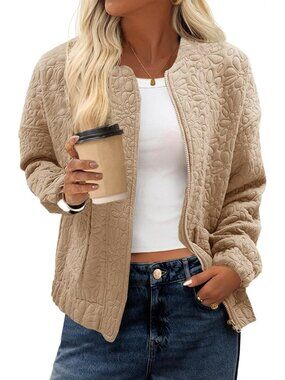 Women's Light Khaki Jacquard Bomber Jacket Zip Up Lightweight Casual Fall Coat